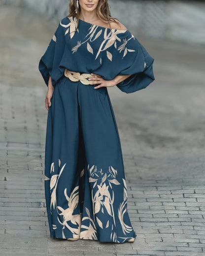 2 Pieces Outfit Skew Neck Batwing Sleeve Top and Zipper Fly Elastic Back Waist Wide Leg Pants Set Casual Plants Print Loose Fit Set without Belt