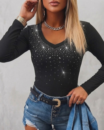 Women's Rhinestone Scoop Neck Long Sleeve Top Slim Fit Ribbed Knit Tee