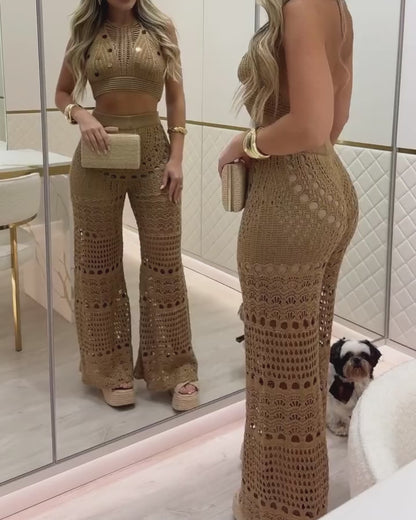 2 Pieces Round Sequin Knitted Halter Sleeveless Crop Top and Casual Strechy Waist Wide Leg Knit Pants Set