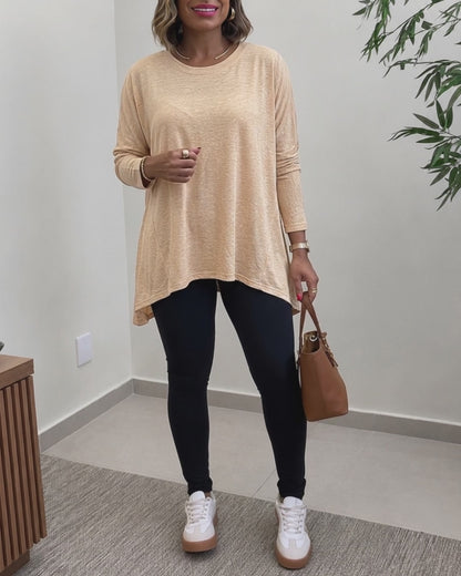 Women's Asymmetric Hem Long Sleeve Top Loose Fit Dropped Shoulder Crewneck Soft Slouchy Casual Tee