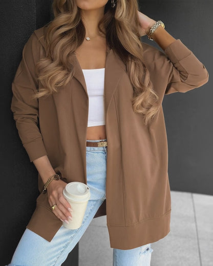 Women's Hooded Open Front Casual Loose Mid-Length Coat with Pockets