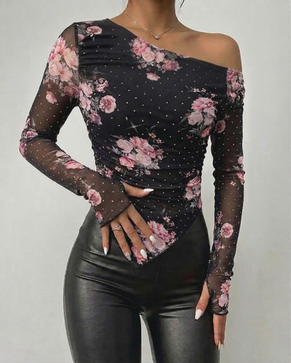 Women's Skew Neck Floral Mesh Top Rhinestone Long Sleeve Shirt Ruched Slim Fit Asymmetrical Hem Blouse with Thumbholes
