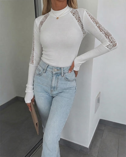 Women's Mock Neck Lace Patchwork Long Sleeve Ribbed Knit Top with Thumb Holes