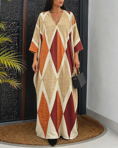 Women's Oversized Argyle Kaftan Maxi Dress V Neck Batwing Sleeve Hollow-out Beach Robe Long Dress with Pockets
