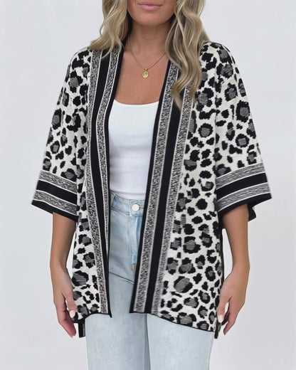 Women's Leopard Print Poncho Cardigan Contrast Striped Trim Open Front Loose Fit Batwing Sleeve Knit Cape Shawl