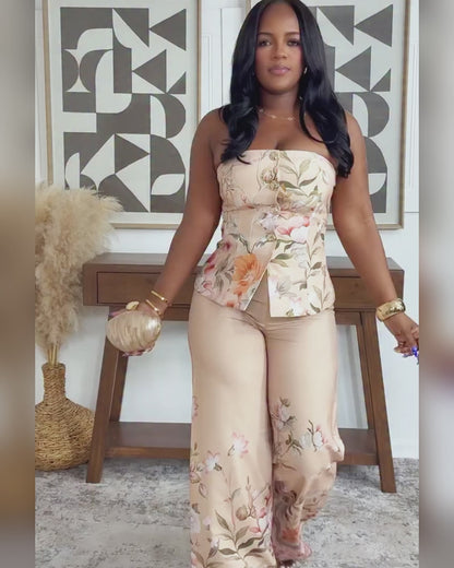 Women's Floral 2 Piece Outfits Lace-up Tube Top and High Waist Straight Leg Pants Set with Detachable Clear Straps