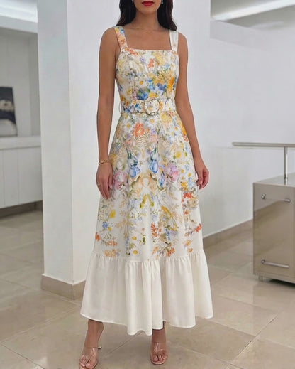 Women's Floral Maxi Dress Square Neck Sleeveless Ruffle Hem Sundress Backless Shirred Summer Vacation Dress with Belt