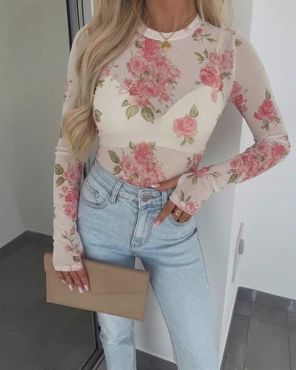 Women's Floral Mesh Long Sleeve Top Sheer O-Neck Slim Fit Blouse for Casual Streetwear & Layering