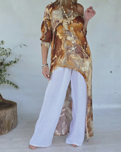 Marble Print Three Quarters Sleeve Cold Shoulder Blouse Casual Asymmetrical Hem Longline Loose Top