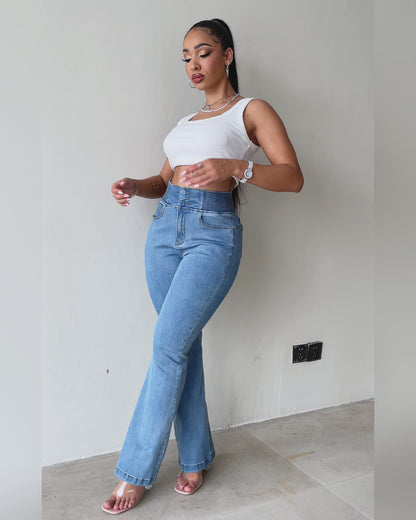 ChicMe CurveEase Back Shirred Button Front High Waist Jeans Skinny Flared Denim Jeggings