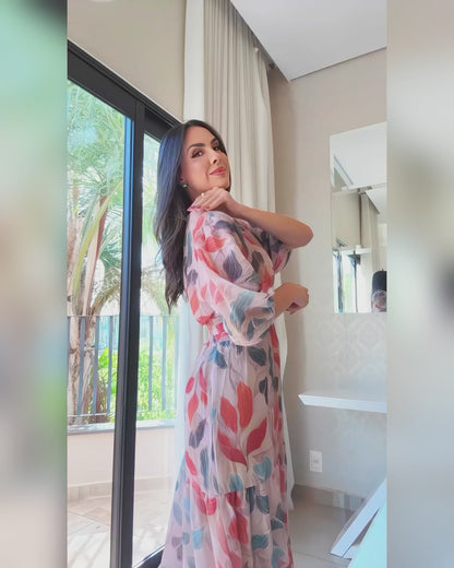 Plants Print V-Neck Half Sleeve Shirred Back Maxi Dress Casual Button Decor Ruched Ruffle Hem Vacation Dress