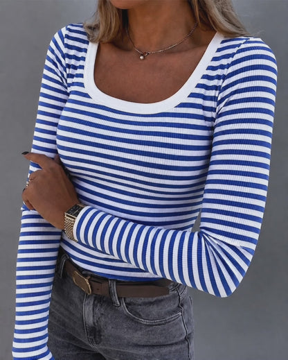 Women's Striped Ribbed U-Neck Long Sleeve Top Slim Fit Contrast Trim Tee