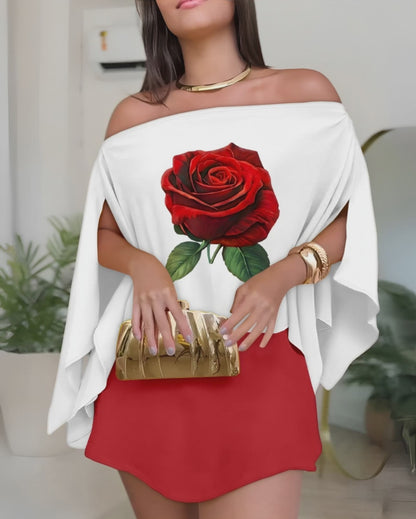 3 Pieces Outfit Floral Print Off Shoulder Split Sleeve Convertible Shoulder Top and Zipper Back Skorts Set with Bandeau