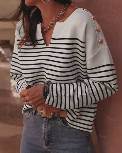 Women's Striped Knit Top Notch Neck Gold Button Drop Shoulder Long Sleeve Sweater