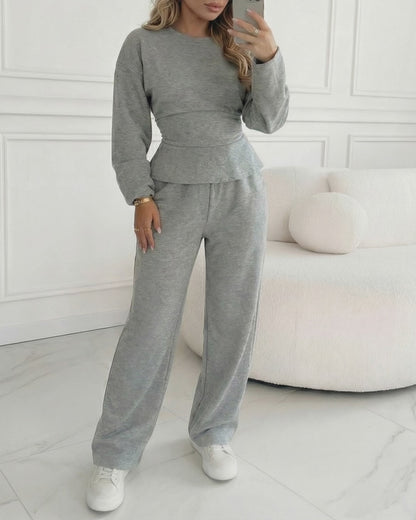 Women's 2 Piece Sweatsuit Set Long Sleeve Back Lace Up Pullover and High Waist Wide Leg Pants Lounge Tracksuit with Pockets