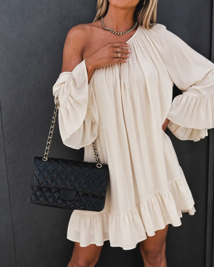 Women's Ruffle Loose Dress Elastic Convertible Shoulder Flare Sleeve Boho Mini Dress