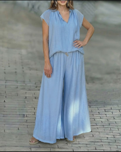 2 Pieces Outfit Notch Neck Tied Detail Short Sleeve Top and Drawstring Elastic Waist Wide Leg Pants Set Casual Breathable Loose Fit Set