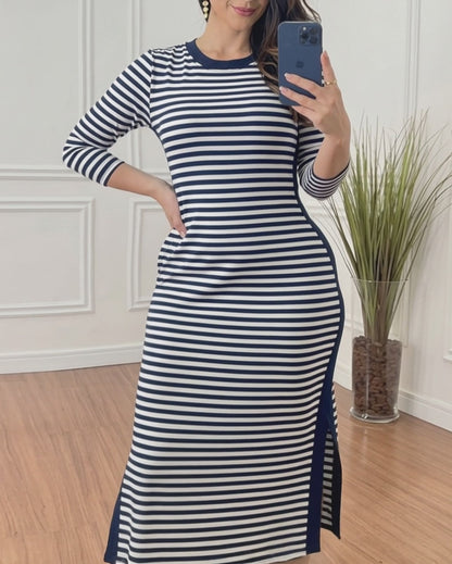 Women's Casual Striped Midi Dress Long Sleeve Crewneck Contrast Side Panel Side Slit T-Shirt Knit Dress with Pockets