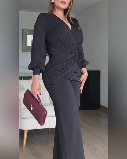 Women's Overlap V Neck Jumpsuit Elegant Ruched Waist Lantern Sleeve Wide Leg Overalls
