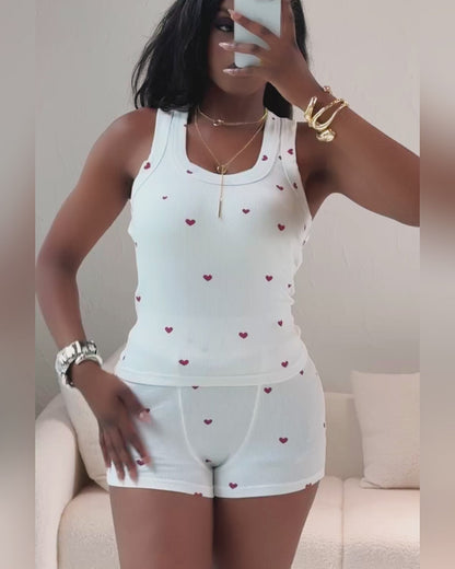 2 Pieces Outfit Heart Print U Neck Sleeveless Tank Top And Casual Strechy Waist Shorts Set Slim Fit Ribbed Pajamas Set