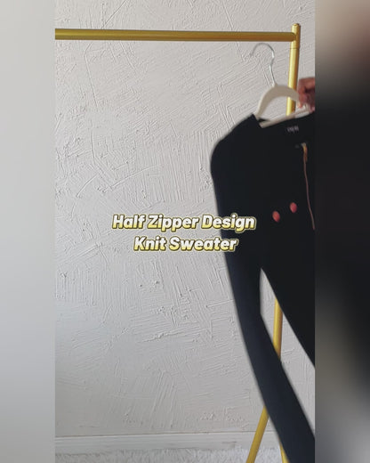 Crewneck Half Zipper Flap Detail Knit Sweater Long Sleeve Slim Fit Ribbed Pullover Top