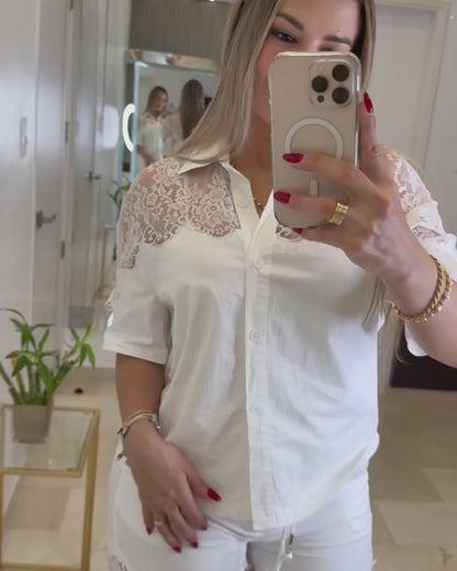 Stylish Two-piece Set Contrast Lace Turn Down Collar Blouse and Casual Drawstring Wide Leg Pants Set