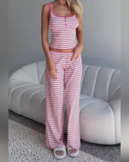 Women's 2 Piece Striped Pajama Set Lace Trim Cami Top and Straight Leg Pants Casual Loungewear