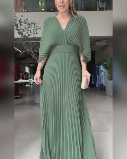 Deep V-Neck Batwing Sleeve High Waist Pleated Maxi Dress Casual Cinched Waist Backless Tied Detail Zipper Back Evening Dress