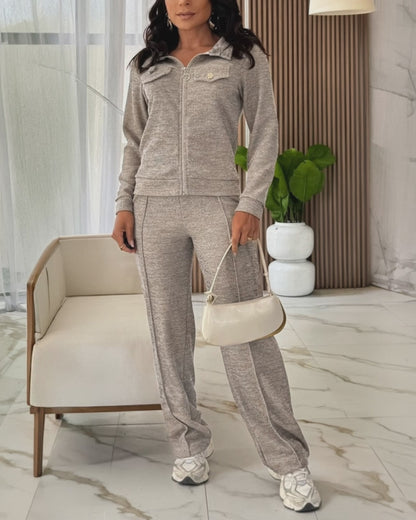Women's Casual Tracksuit Set Zip Up Long Sleeve Lapel Jacket and High Waisted Straight Leg Pants Lounge Set with Pockets