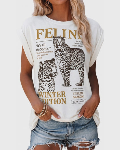 Women's Vintage Leopard Letter Tee Loose Drop Shoulder T Shirt Cap Sleeve Cuffed Casual Crewneck Top