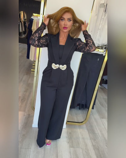 Women's Notched Lapel Jumpsuit Sheer Lace Long Sleeve Wide Leg Overalls Casual Evening Jumpsuit