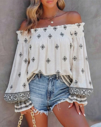 Vintage Tribal Placement Print Shirred Off Shoulder Flared Cuffs Blouse Casual Frill Trim Boho Top