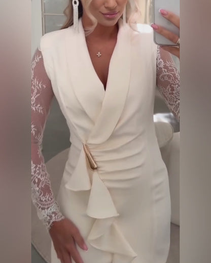 Women's Lace Long Sleeve Evening Dress Shawl Collar V Neck Ruched Ruffle Asymmetrical Blazer Dress