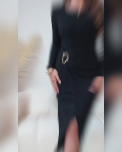 Metal Ring Decor Wrapped Slit Ribbed Commuting Dress Cinched Waist Slim Fit Mid-Length Dress