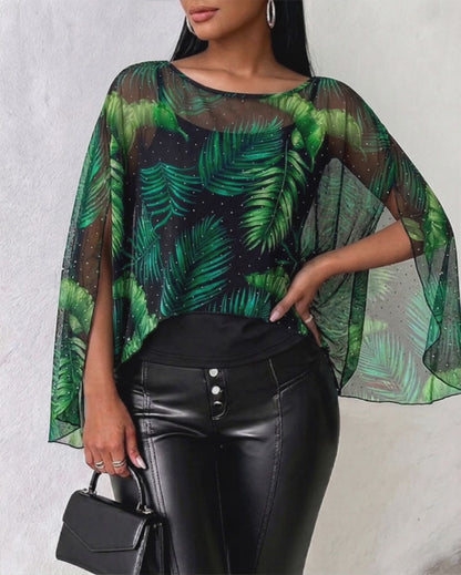 Women's 2 Piece Set Tropical Leaf Print Rhinestone Mesh Split Sleeve Cape with Cami Top