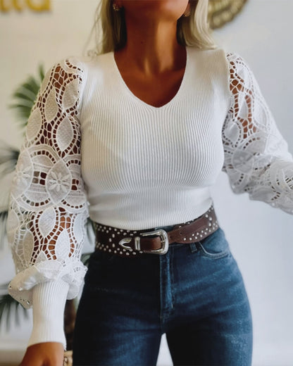 Women's V Neck Knit Top Lace Lantern Long Sleeve Pullover Ribbed Slim Fit Casual Sweater