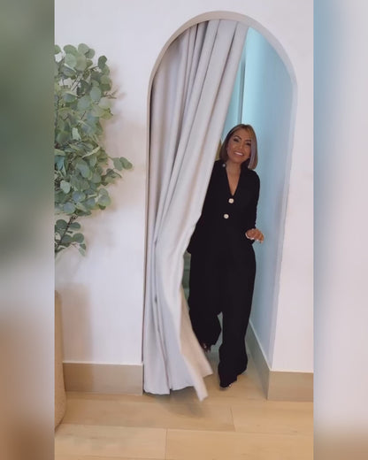 Notched Collar Long Sleeve Button Front Jumpsuit Casual Cinched Waist Wide Leg Faux Two Piece Jumpsuit