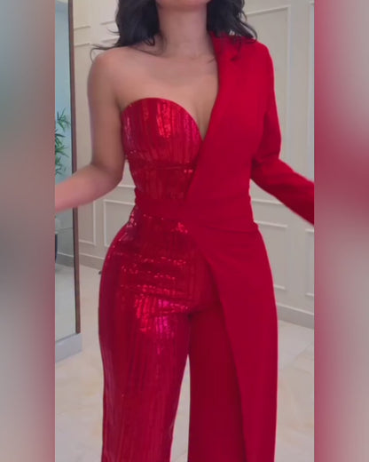 Women's One Shoulder Sequin Jumpsuit Elegant Long Sleeve Wide Leg Evening Jumpsuit with Detachable Clear Straps