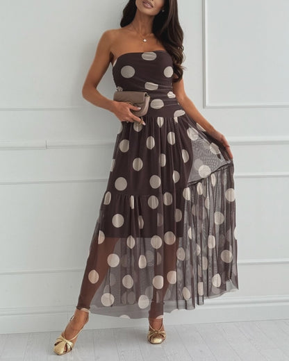 Women's Polka Dot Strapless Mesh Maxi Dress Ruched Tube Ruffle Hem Vacation Dress with Detachable Clear Straps
