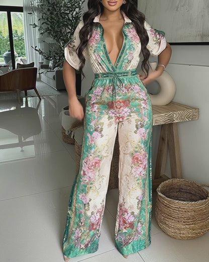 Vintage Floral Print Turn-down Collar Roll Up Sleeve Button Front Overalls Casual Drawstring Stretchy Waist Wide Leg Vacation Jumpsuit