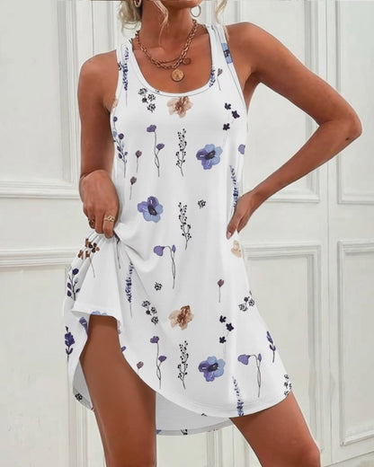 Allover Watercolor Floral Print U-Neck Sleeveless Curved Hem Dress Casual Racerback Loungewear Dress