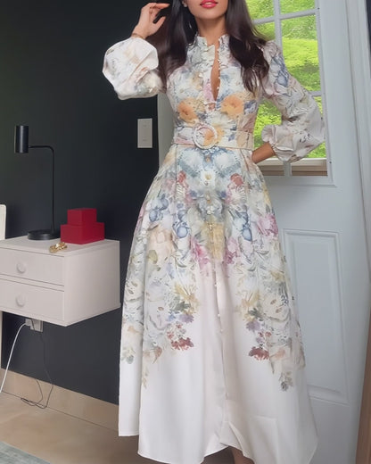 French Style Floral Print Stand Collar Lantern Sleeve Button Down Evening Dress Cinched Waist Vacation Dress with Belt