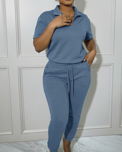 Women's 2-Piece Sporty Set Short Sleeve Half Zip Top and High Waisted Joggers Casual Lounge Outfit with Pockets