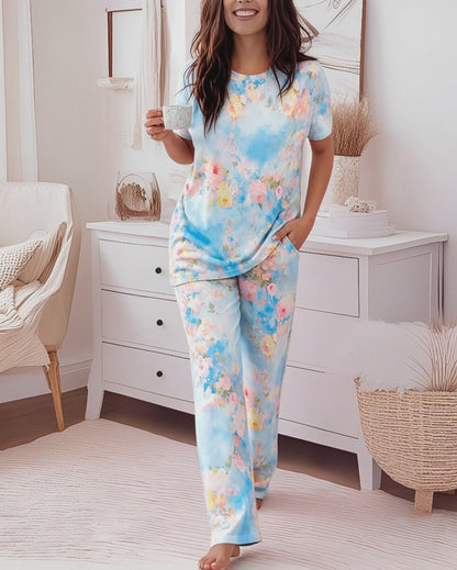 Women's Watercolor Floral 2 Piece Pajama Set Short Sleeve Top and High Waisted Pants Casual Loungewear with Pockets