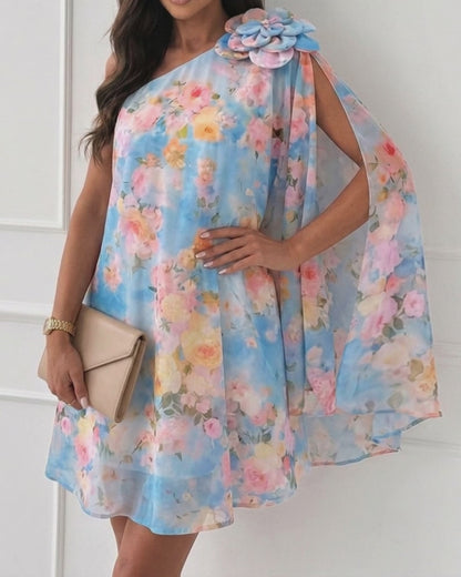 CHICME Women's Floral Print One-Shoulder Chiffon Dress 3D Floral Decor Split Sleeve Loose A-Line Mini Dress