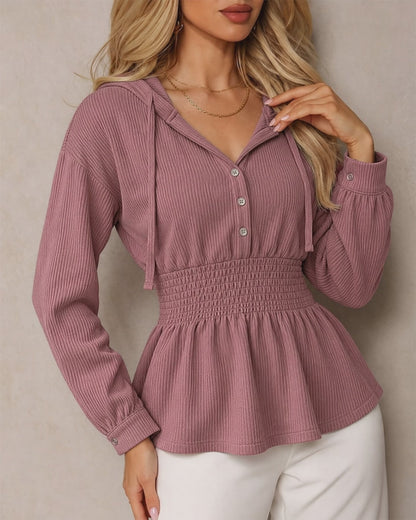 Women's Waffle Knit Drawstring Hooded Button Front Shirred Waist Peplum Top