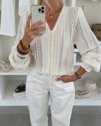 Women's V Neck Hollow Out Lace Shirt Sheer Mesh Lantern Long Sleeve Blouse Crochet Loose Casual Top