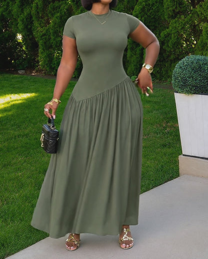 Women's Short Sleeve Crewneck Asymmetric Waist Maxi Dress Ruched A-Line Dress