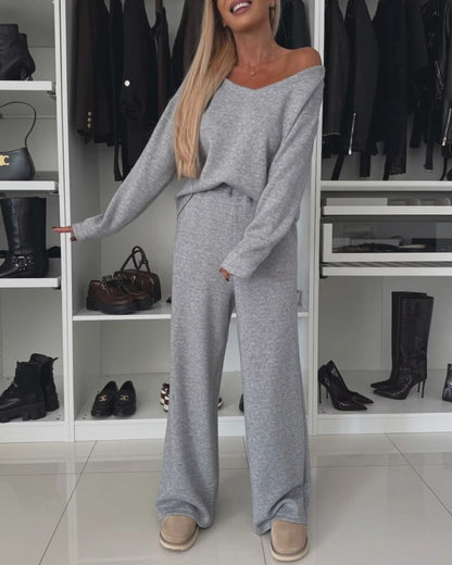 Women's Two-piece Set V Neck Drop Shoulder Long Sleeve Top and High Waist Wide Leg Pants