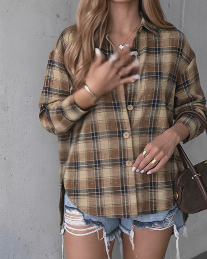 Women's Rhinestone Plaid Oversized Drop Shoulder Button Down Blouse Casual Coat